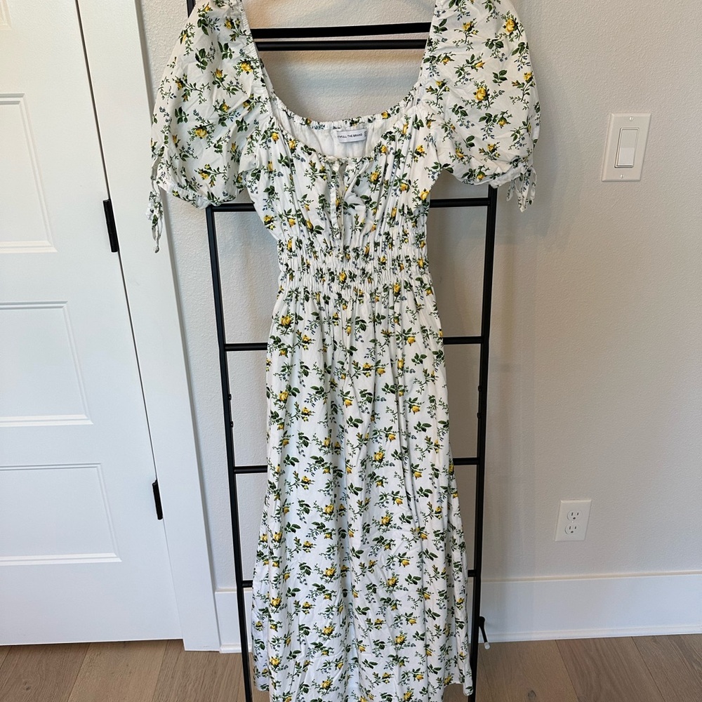 Faithfull the Brand White and Green Puff Sleeve Sundress